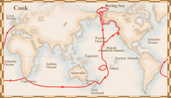 Маршрут третьей эеспедиции Джеймса Кука на поиски Северного прохода вокруг Америки